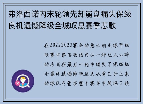 弗洛西诺内末轮领先却崩盘痛失保级良机遗憾降级全城叹息赛季悲歌